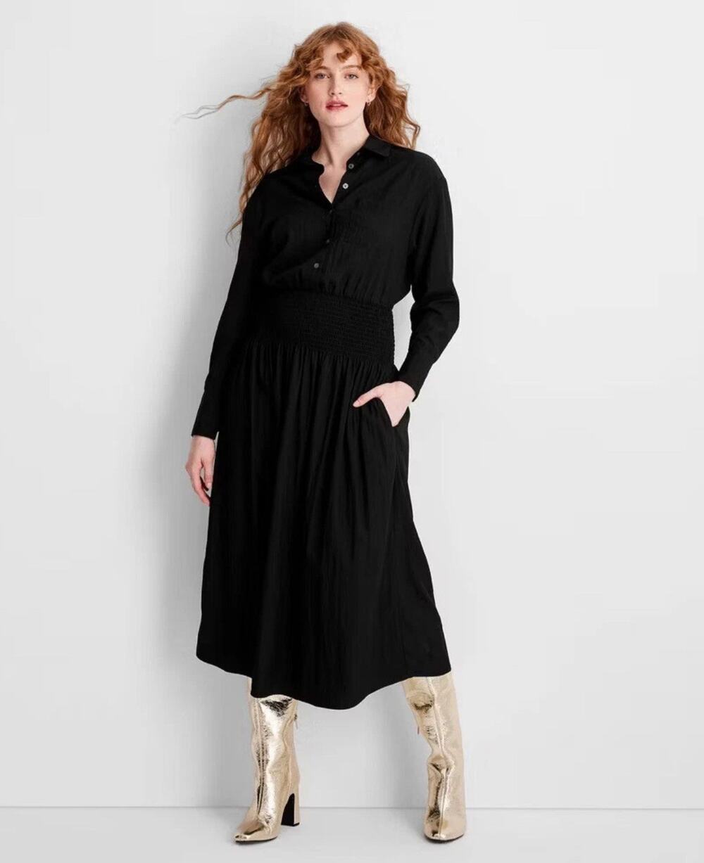 NEW Future Collective Women's XS Collared Long Sleeve Smocked Midi Shirtdress